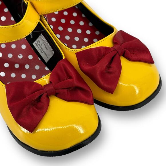 Disney Minnie Mouse Yellow Patent Mary Jane Kitten Heel Shoes Sz 10 Red Bow - Picture 3 of 6